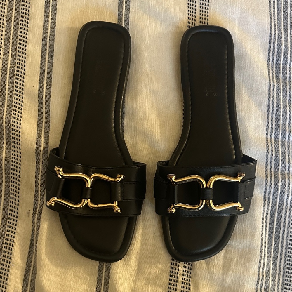 SHEIN Black Slide Sandals with Gold Buckle Accent